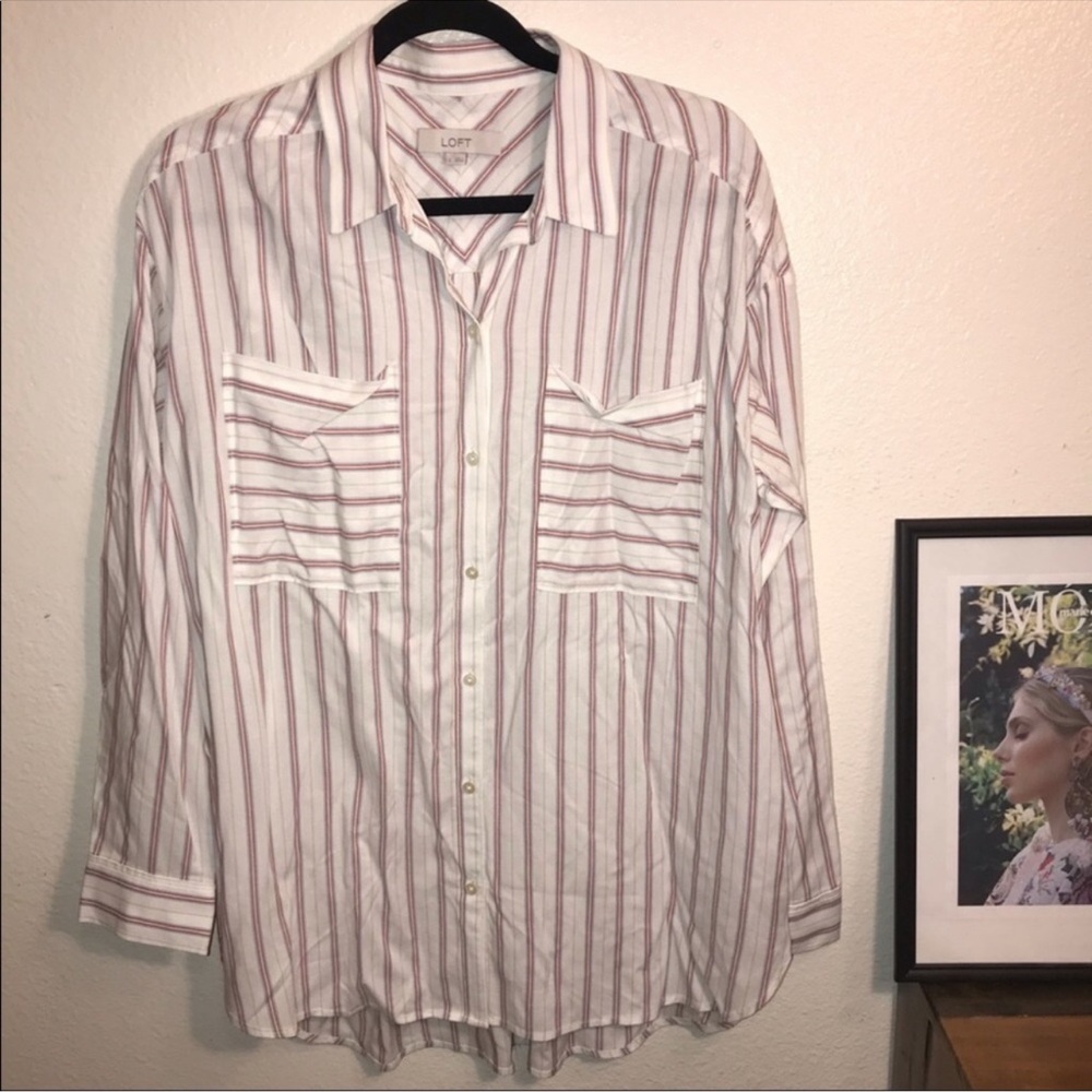 LOFT White Red Blue Striped Button Down Shirt Large